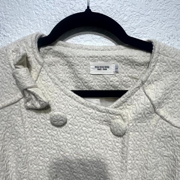 Vintage Pou Dou Dou Trench Coat Womens Large Beige Textured Printed Bow Shoulder - Picture 2 of 12
